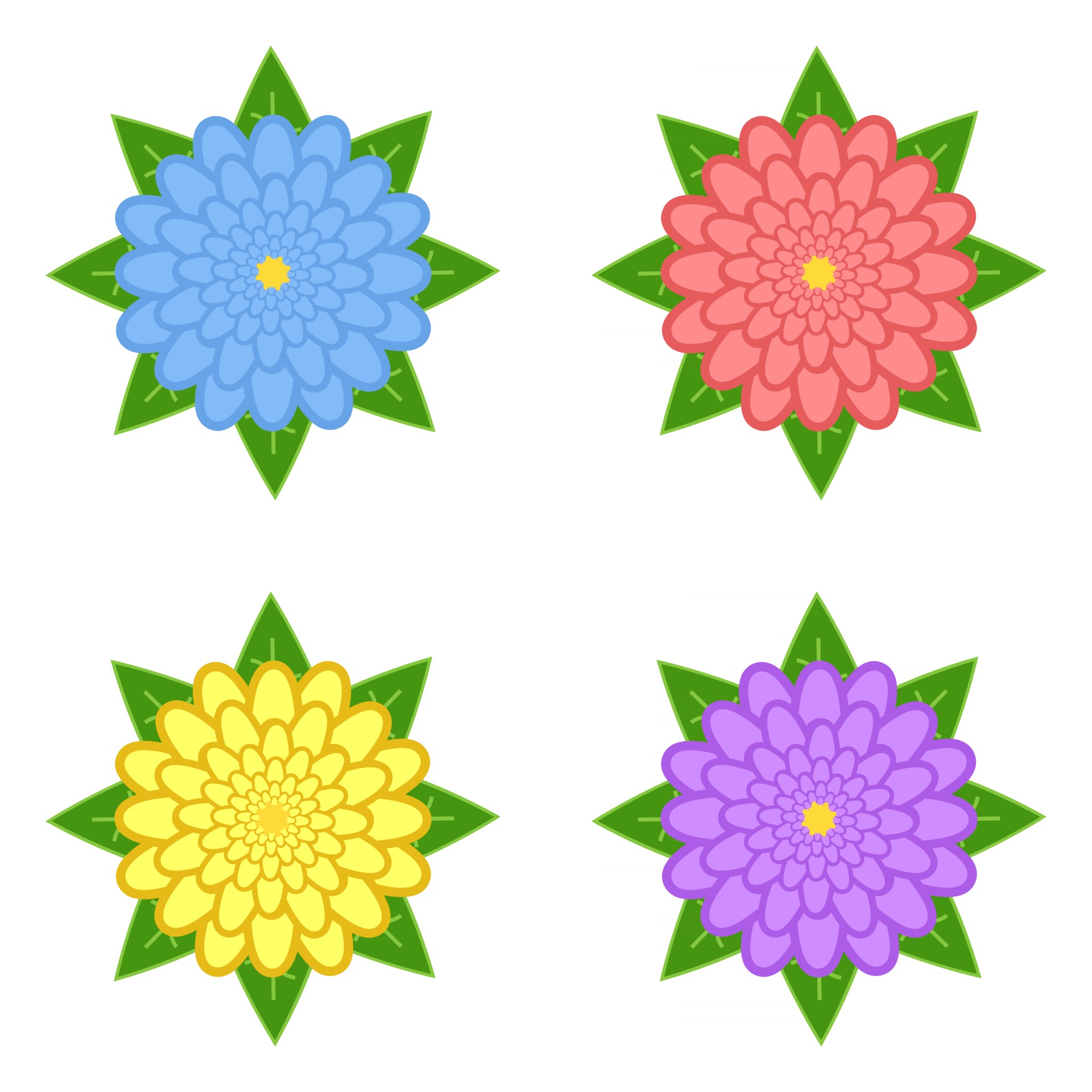 Set of red, purple, yellow, blue flowers with green leaves, isolated on