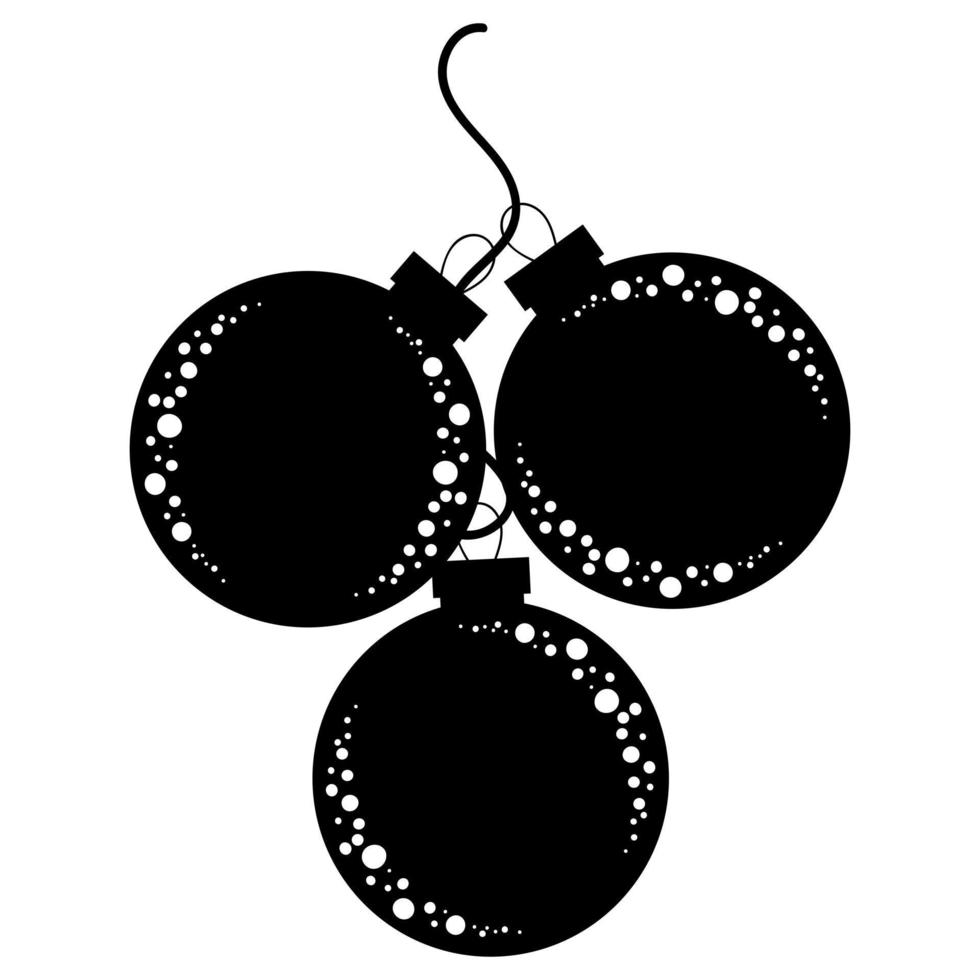 siluetas planas de juguetes de árboles de Navidad aislados en blanco y negro. decoración de bolas de cristal en un montón. vector