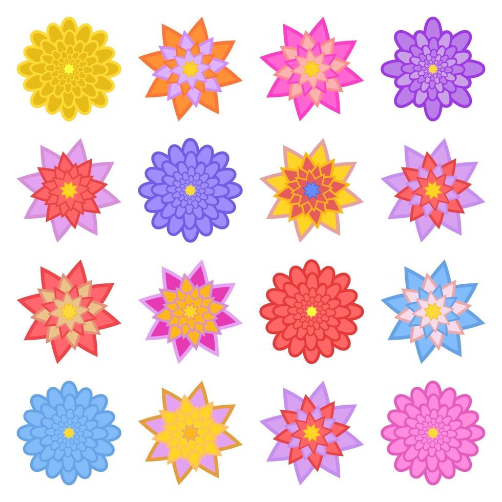 A set of beautiful colorful flowers. Isolated on white background. Sixteen variants. Suitable for design. vector