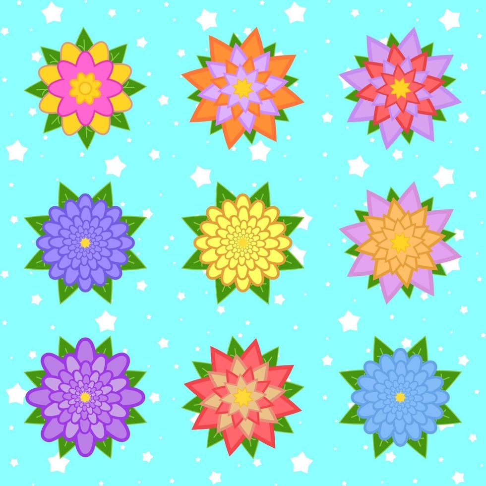 A set of beautiful colorful flowers on a blue starry background. Nine options. Suitable for design. vector