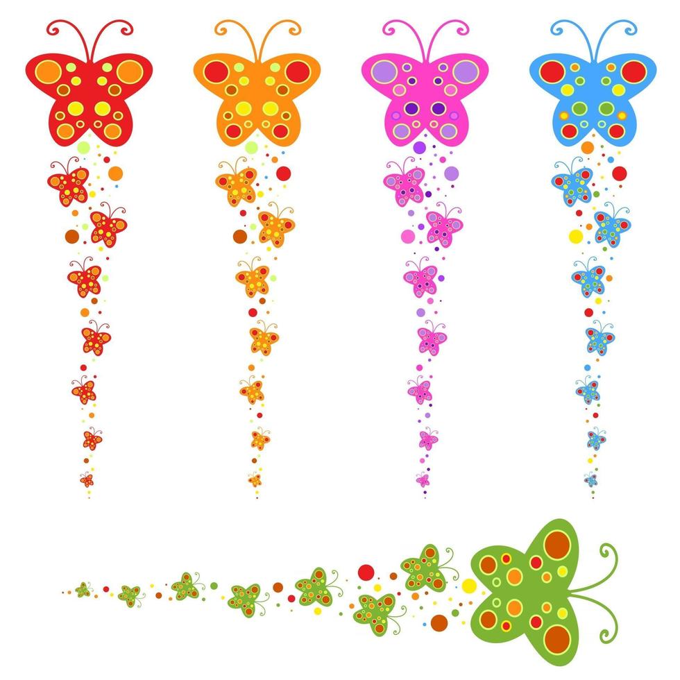 A flock of flat colored isolated butterflies flying one after another. Five color options in the set. vector