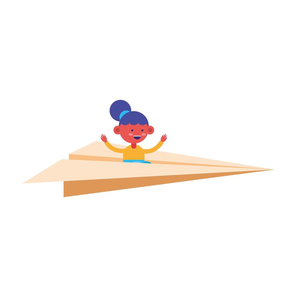 little student girl flying in paper airplane comic character vector