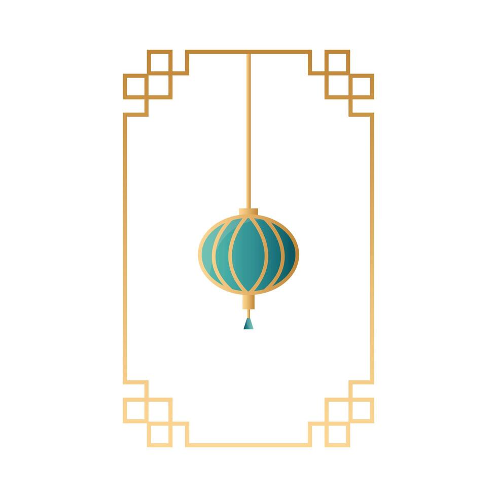 mid autumn festival with lamp hanging in golden frame vector