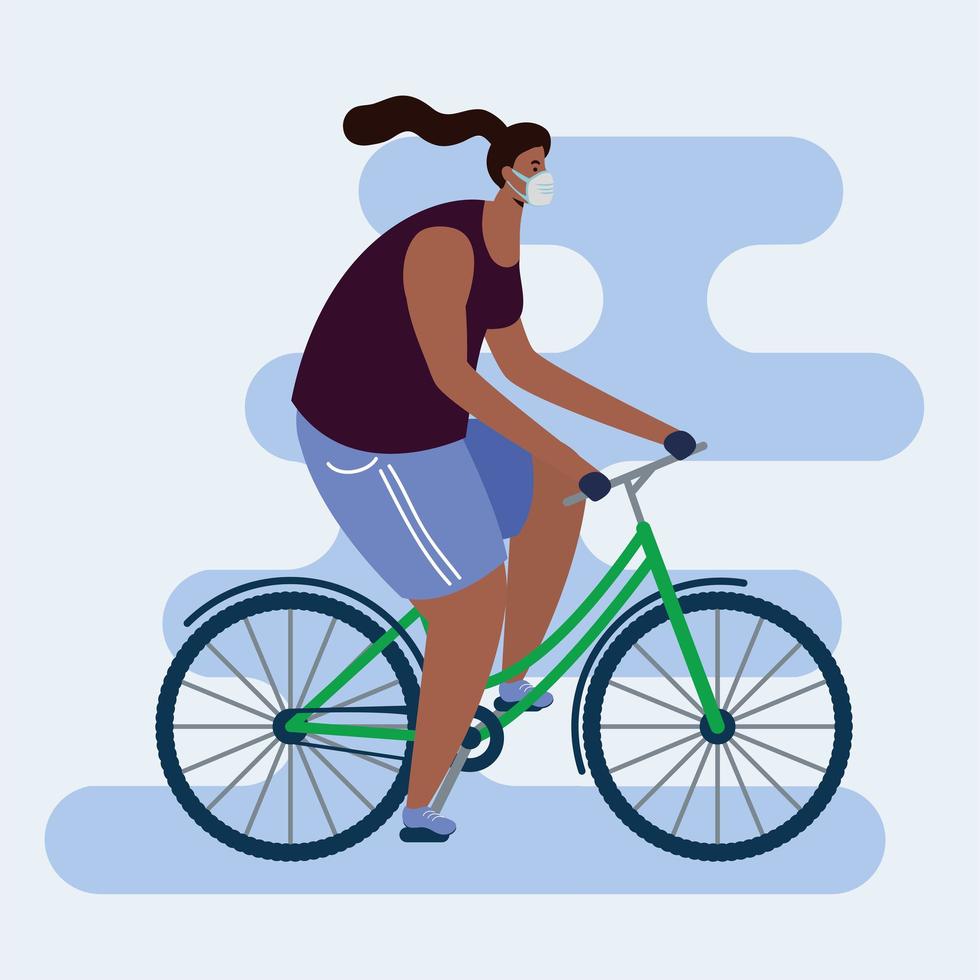 young afro woman wearing medical mask in bicycle vector