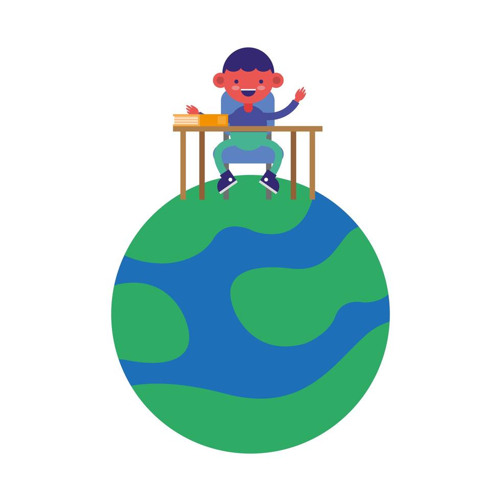 little student boy seated in desk on planet comic character vector