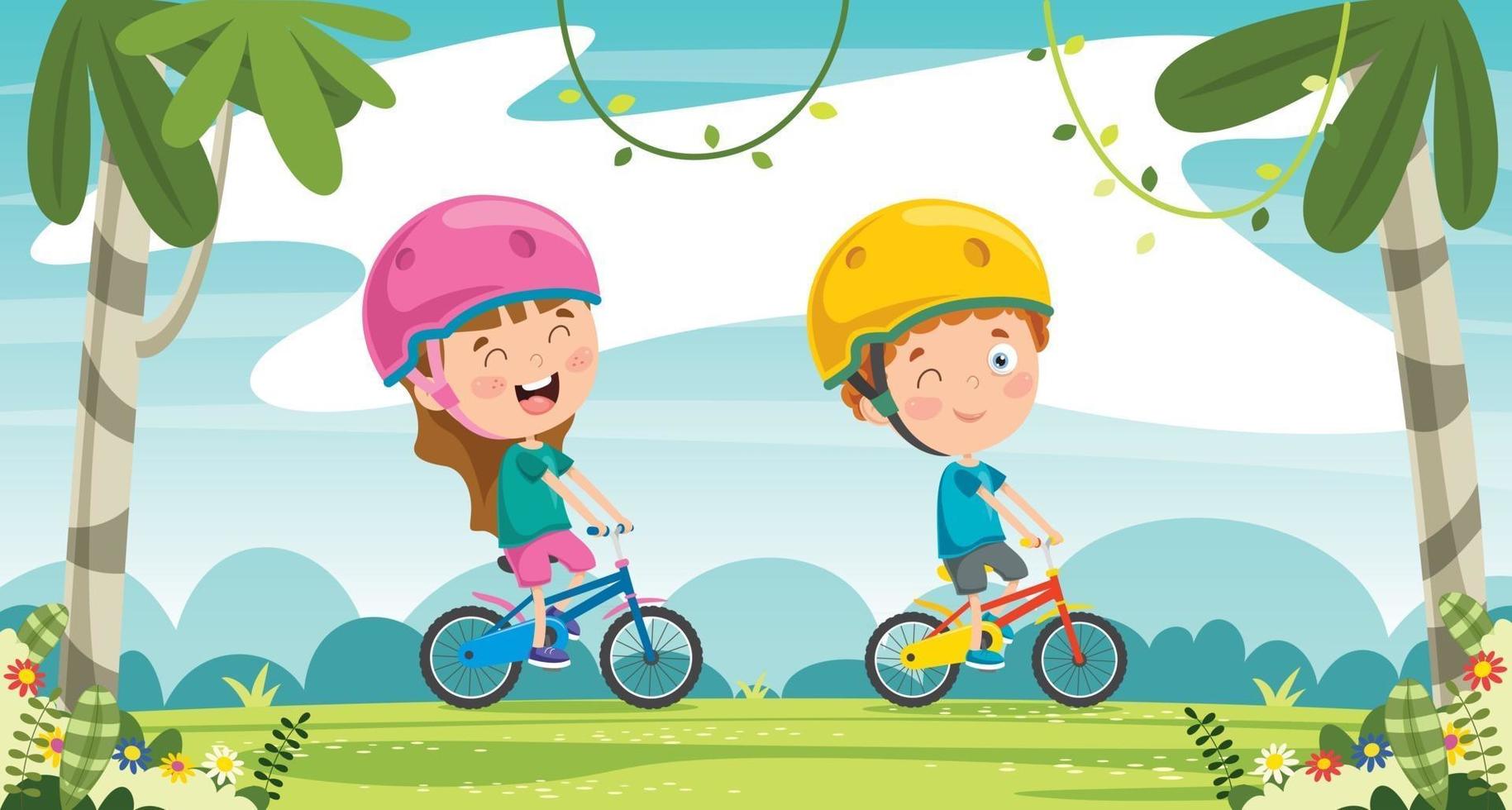 niños felices montando bicicleta vector