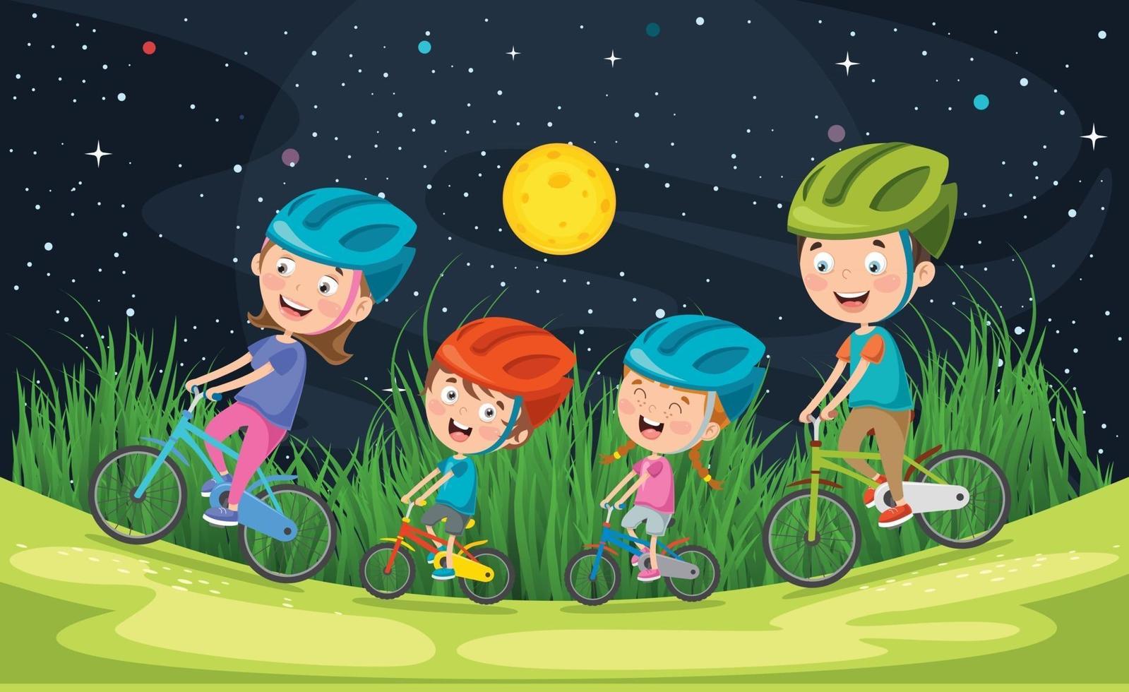 niños felices montando bicicleta vector