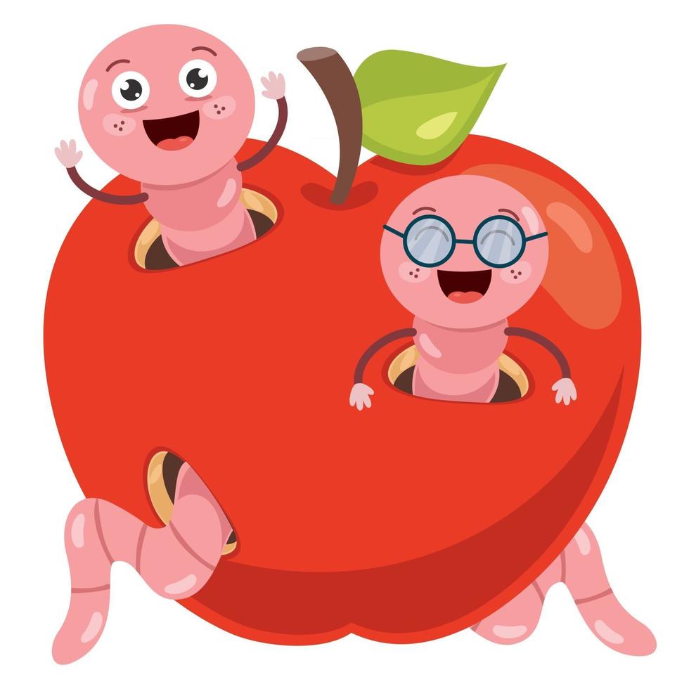 Red Apple And Cute Worm Cartoon vector