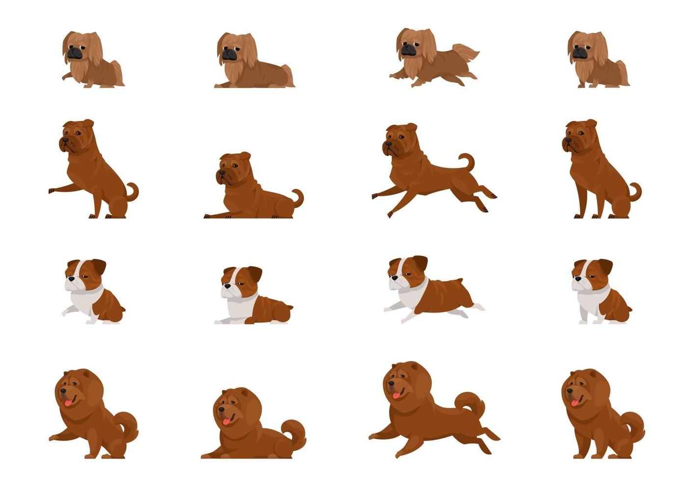 conjunto de perros en diferentes poses. pequinés, shar pei, bulldog inglés y chow-chow en estilo de dibujos animados. vector
