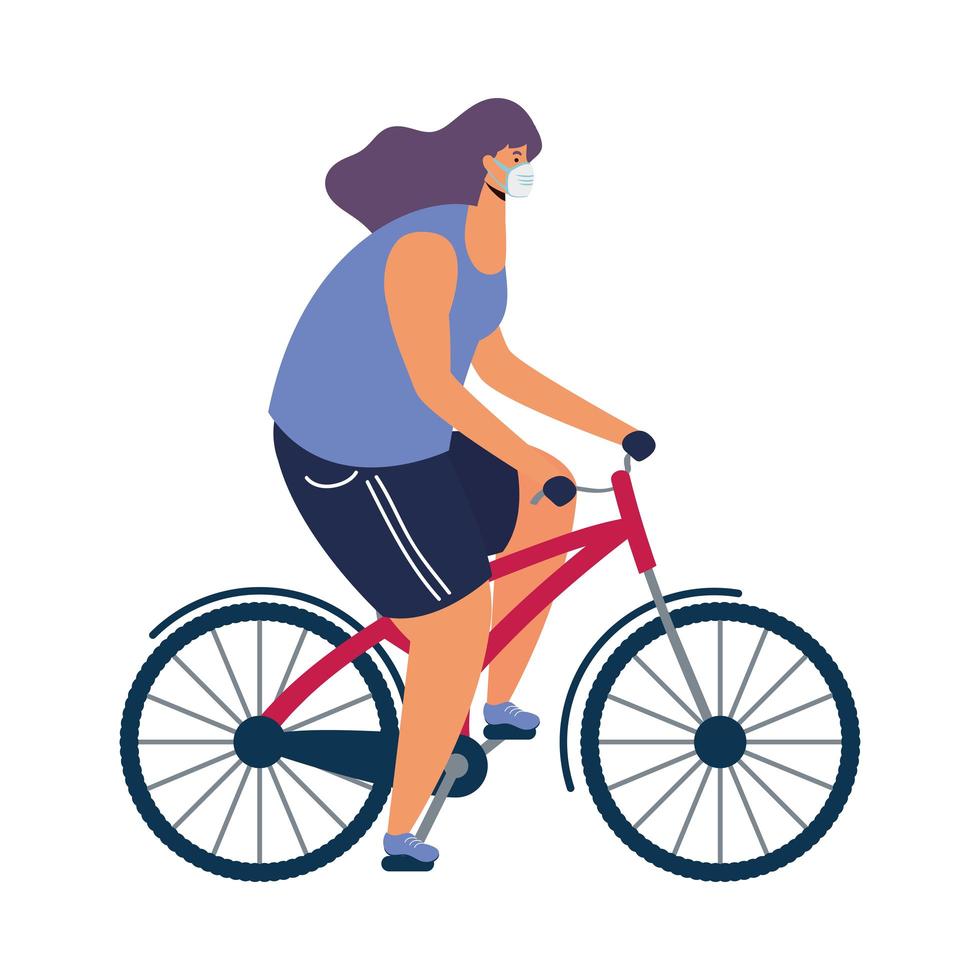 mujer joven, llevando, médico, máscara, en, bicicleta vector