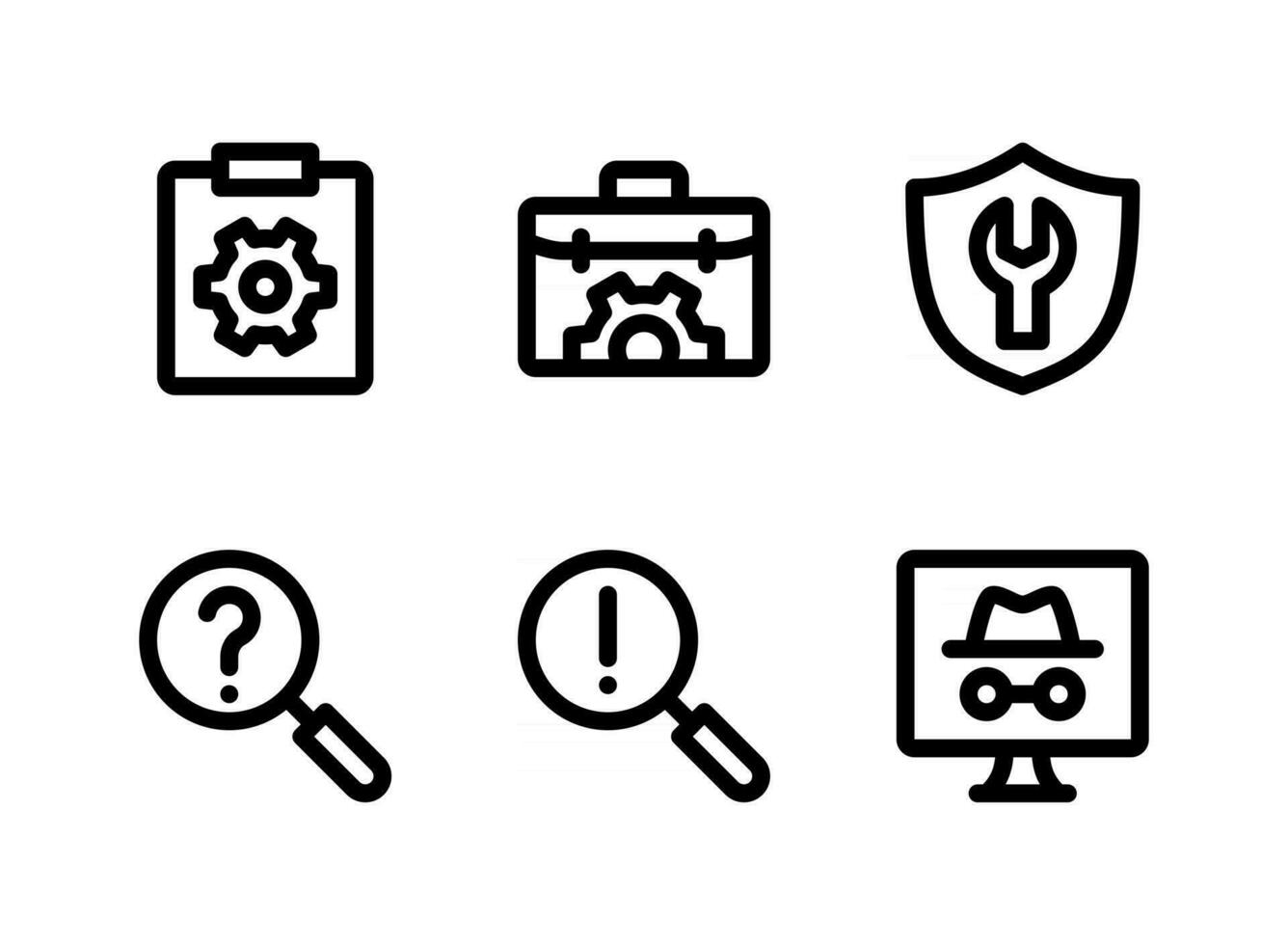 conjunto simple de ayuda y soporte relacionados con iconos de líneas vectoriales. contiene iconos como portapapeles, bolsa, investigación de búsqueda y más. vector