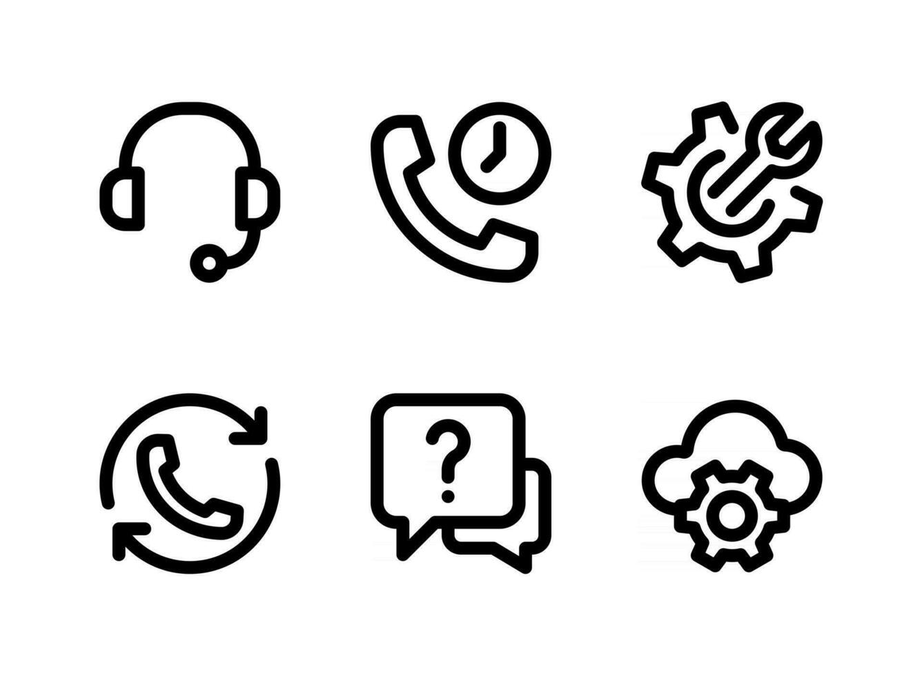 conjunto simple de ayuda y soporte relacionados con iconos de líneas vectoriales. contiene iconos como auriculares, llamada en espera, configuración de la nube y más. vector