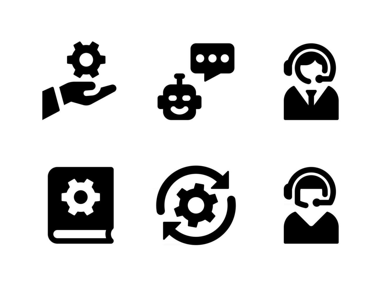 Simple Set of Help and Support Related Vector Solid Icons. Contains Icons as Chat Bot, Customer Care, Manual Book and more.