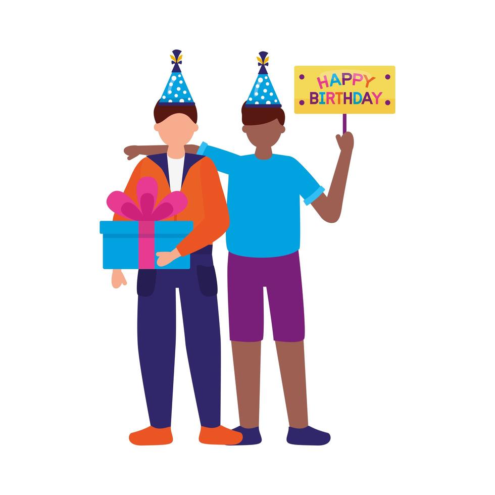 Hombres con sombreros de feliz cumpleaños y diseño de vectores de regalo