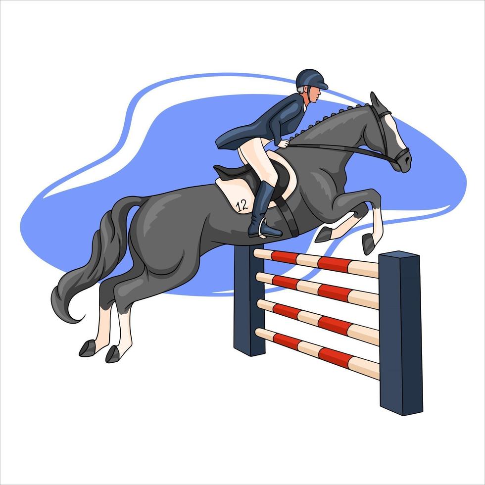 mujer de equitación montando a caballo sobre un obstáculo en estilo de dibujos animados vector