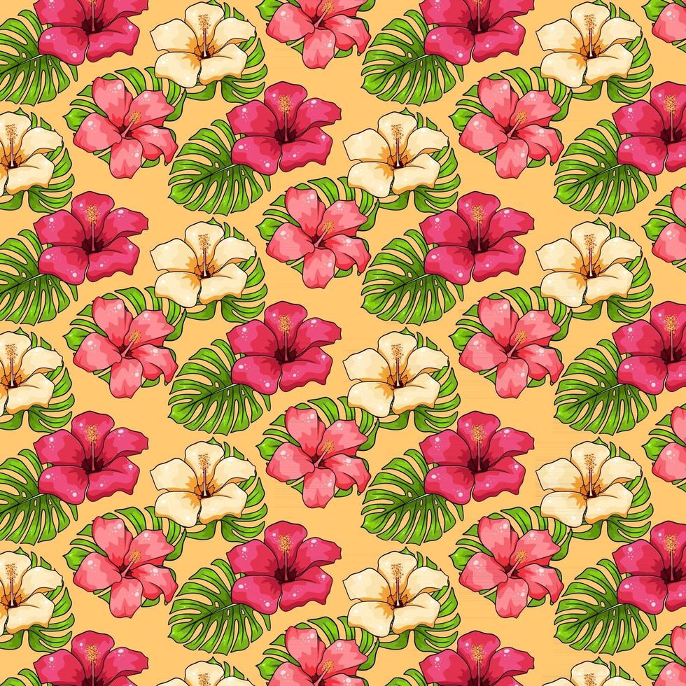 patrón tropical con plantas exóticas, flores y hojas en estilo de dibujos animados vector