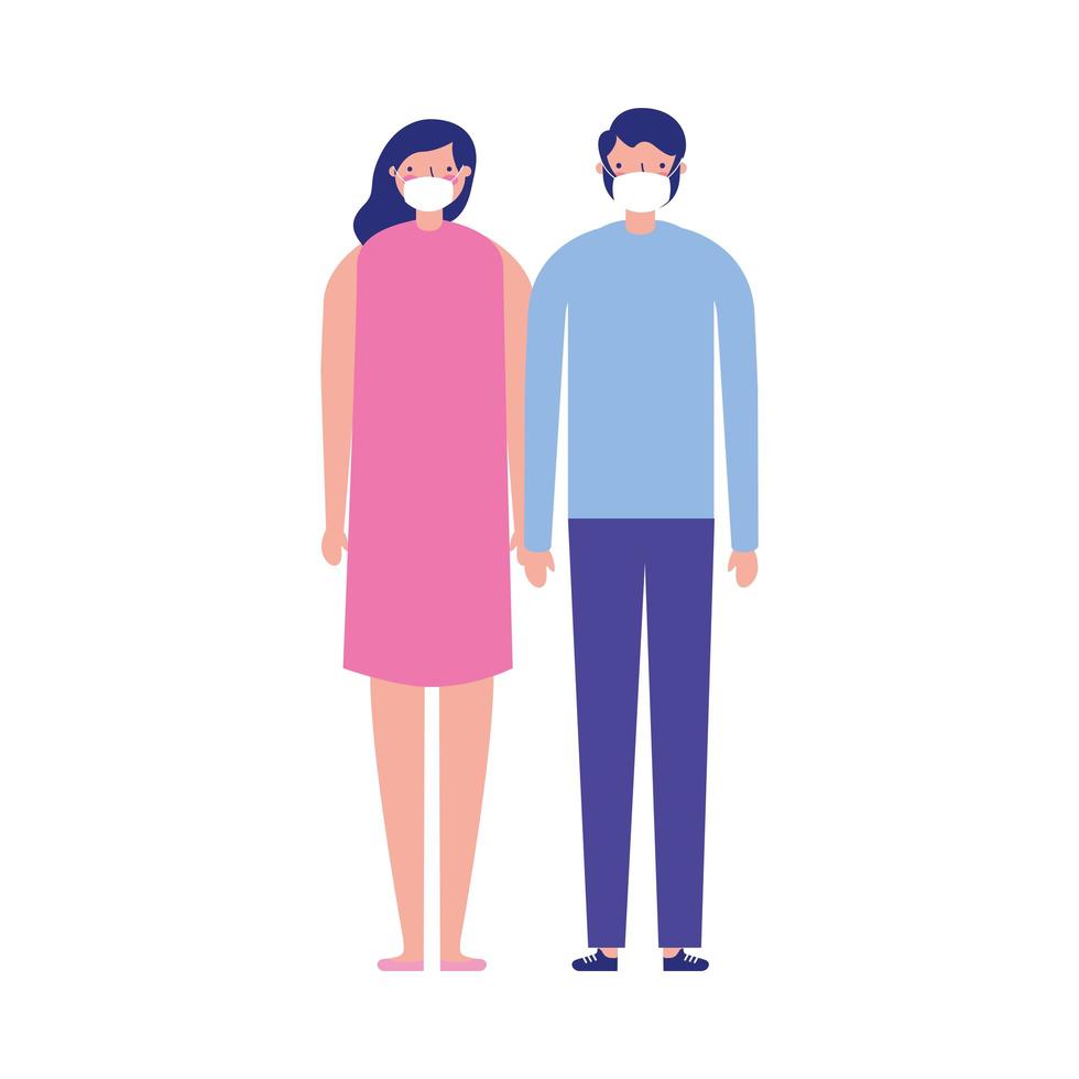 Woman and man couple with medical mask vector design