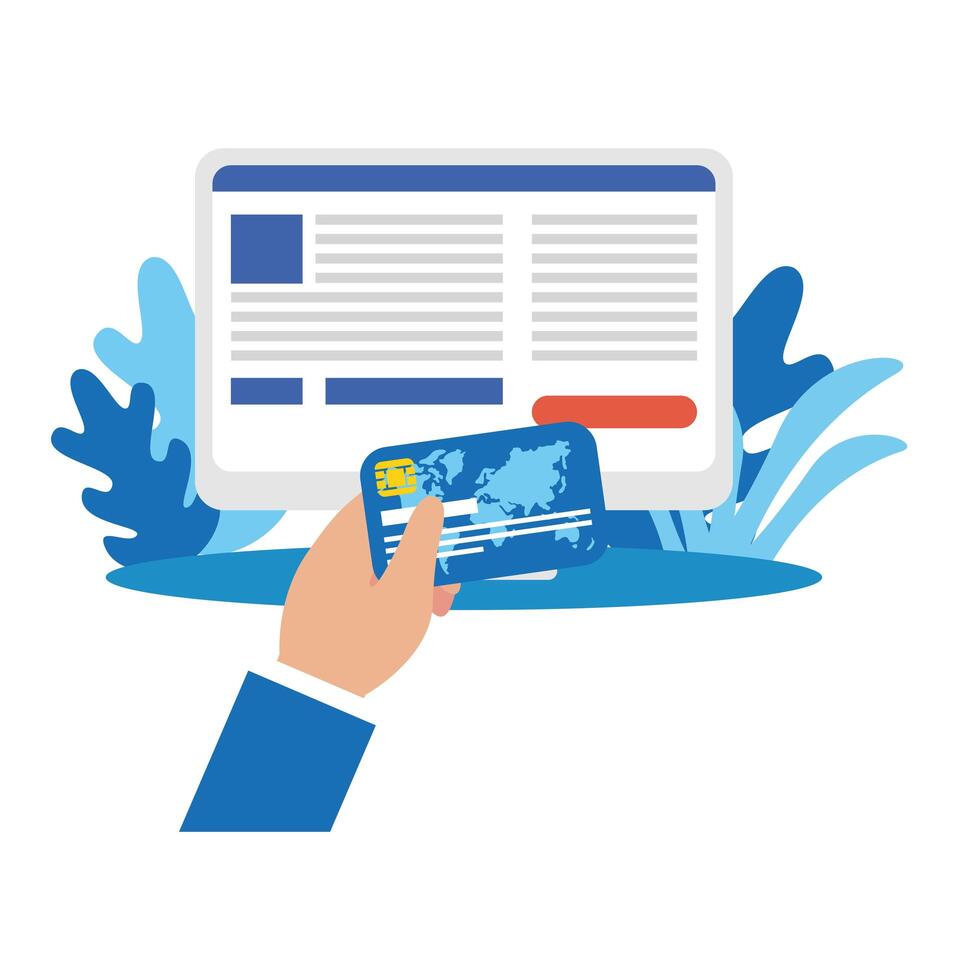 hand holding credit card and computer vector design