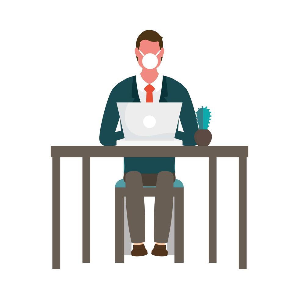 Man with medical mask on desk with laptop vector design