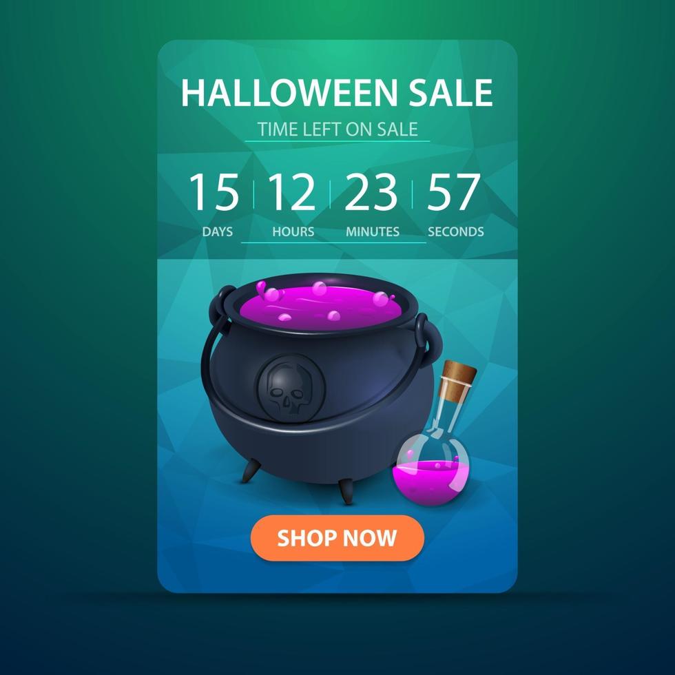 Halloween sale, discount banner with countdown timer promotions, modern banner design with polygonal texture and witch's pot with potion vector