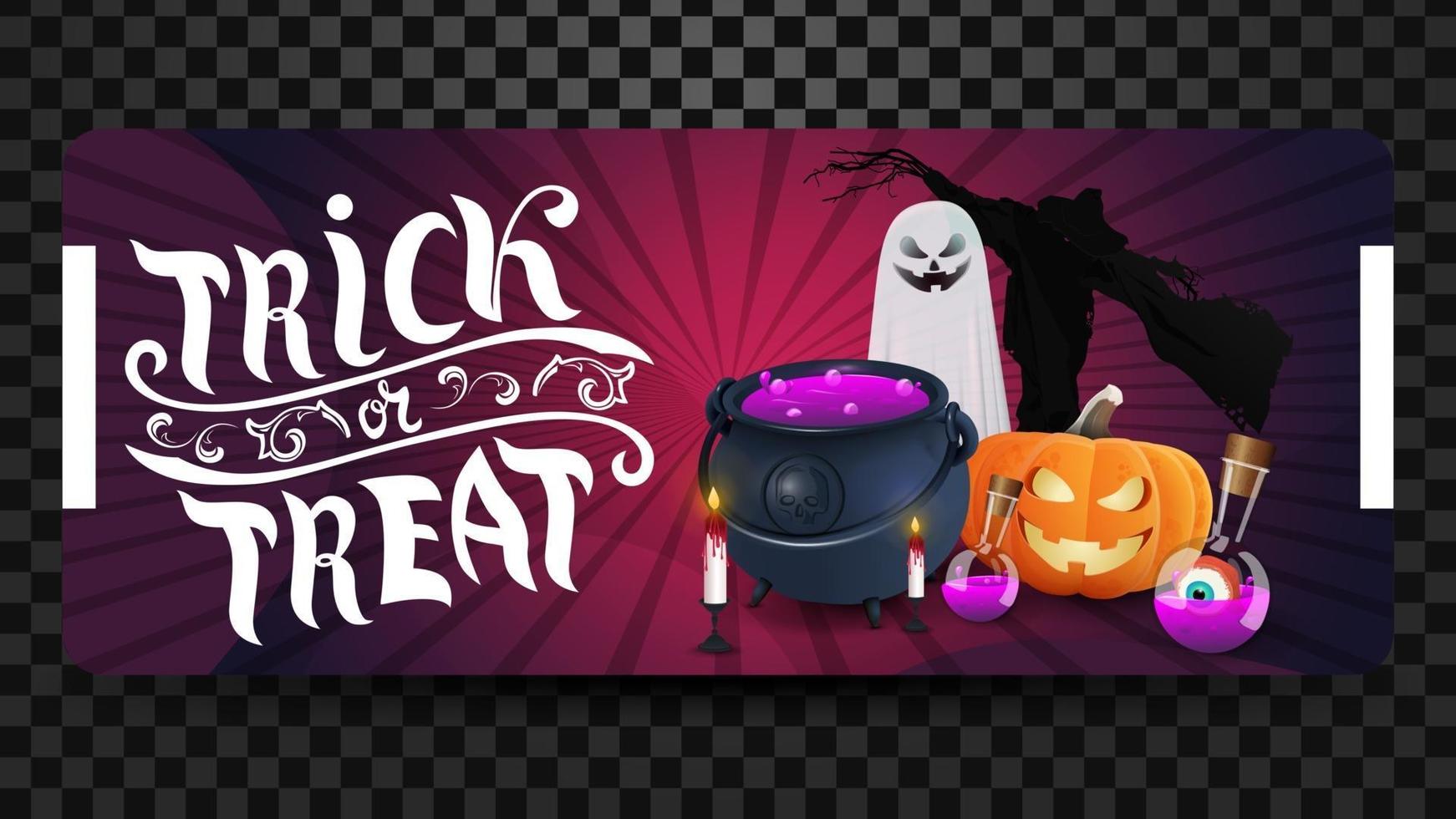 Trick or treat, greeting pink horizontal postcard, modern design with lettering, Ghost, Jack pumpkin, witch's pot with potion and Scarecrow vector