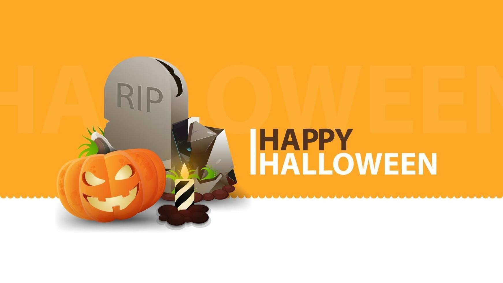 Happy Halloween, modern orange horizontal greeting postcard with creative design, tombstone and pumpkin Jack. Minimalistic design vector