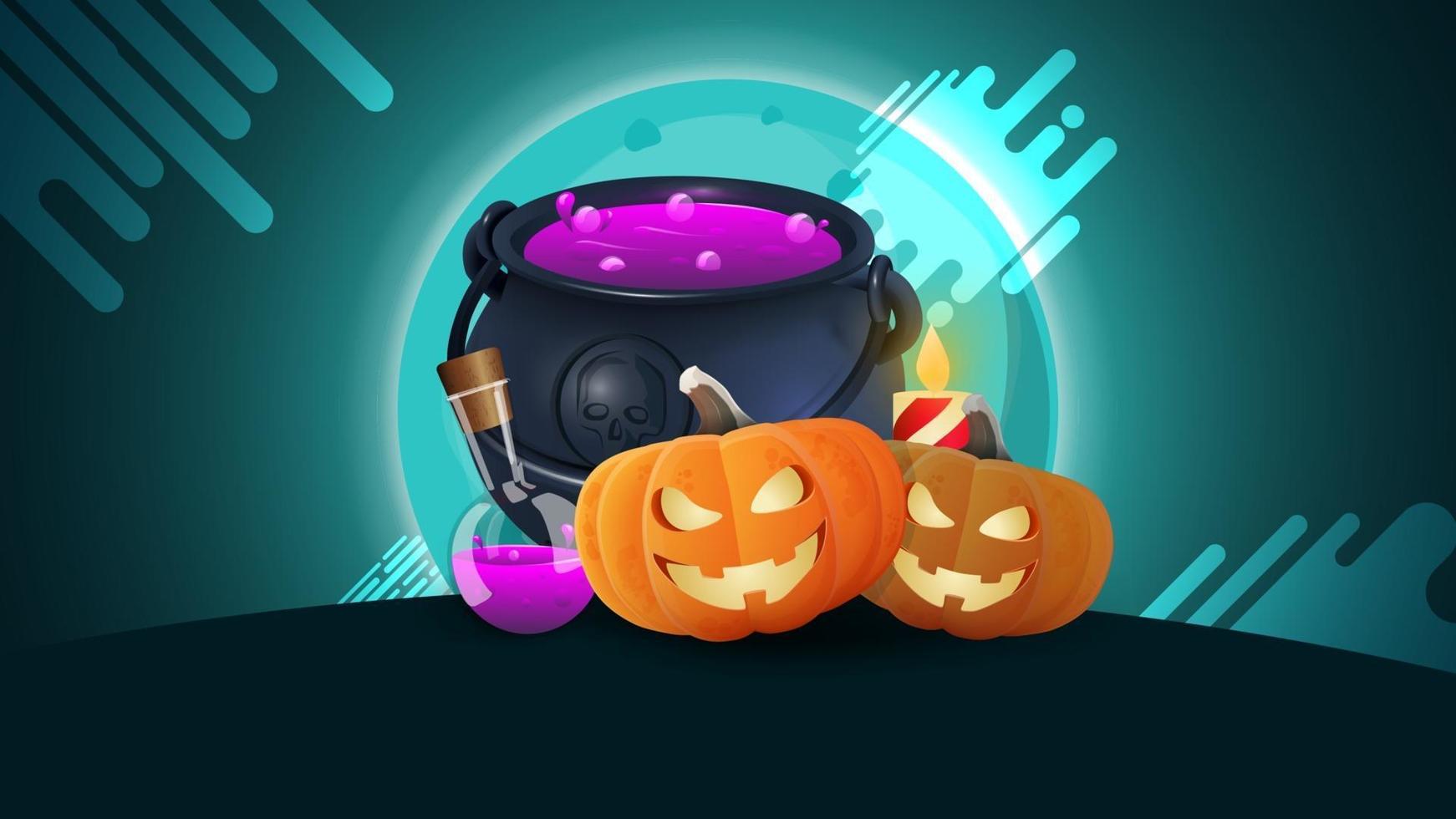 Halloween background for your creativity with night landscape, full moon over the hill, witch's pot and pumpkin Jack vector