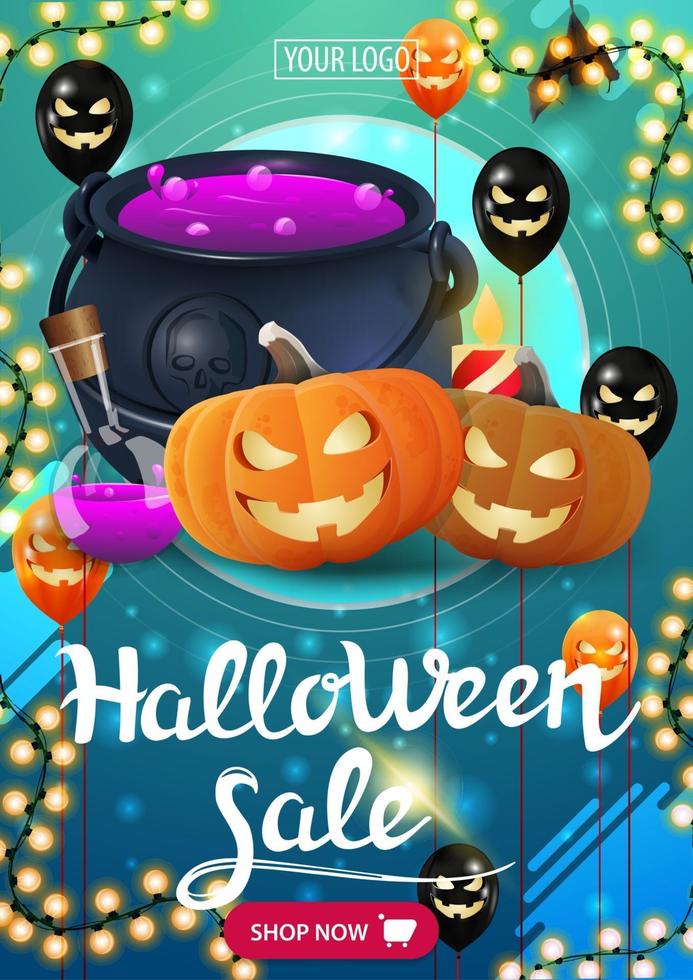 Halloween sale, bright green vertical discount banner with button, garland, witch's pot and pumpkin Jack vector