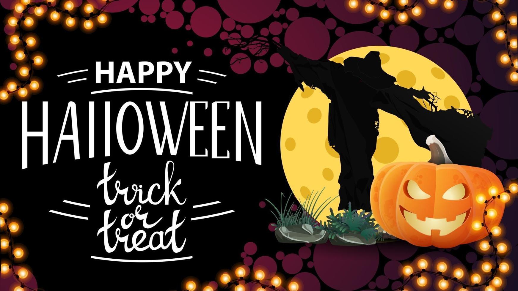 Happy Halloween, trick or treat, modern black horizontal greeting postcard with creative design textured circles, Scarecrow and pumpkin Jack against the moon vector