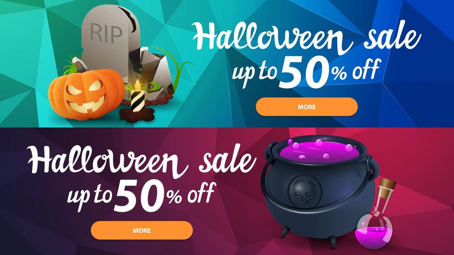 Halloween sale, up to 50 off, two horizontal web banner with polygonal texture on the background. Collection of bright discount banners for your website with beautiful three-dimensional illustrations vector