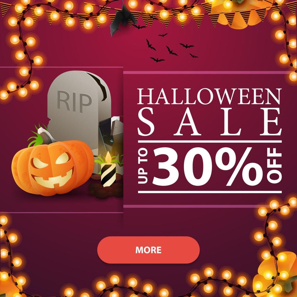 Halloween sale, up to 30 off, square pink discount banner with button, tombstone and pumpkin Jack vector