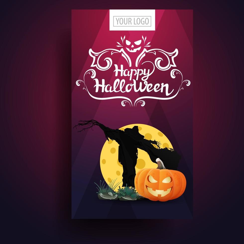Modern, stylish, creative vertical pink greeting Halloween postcard with Scarecrow and pumpkin Jack against the moon vector
