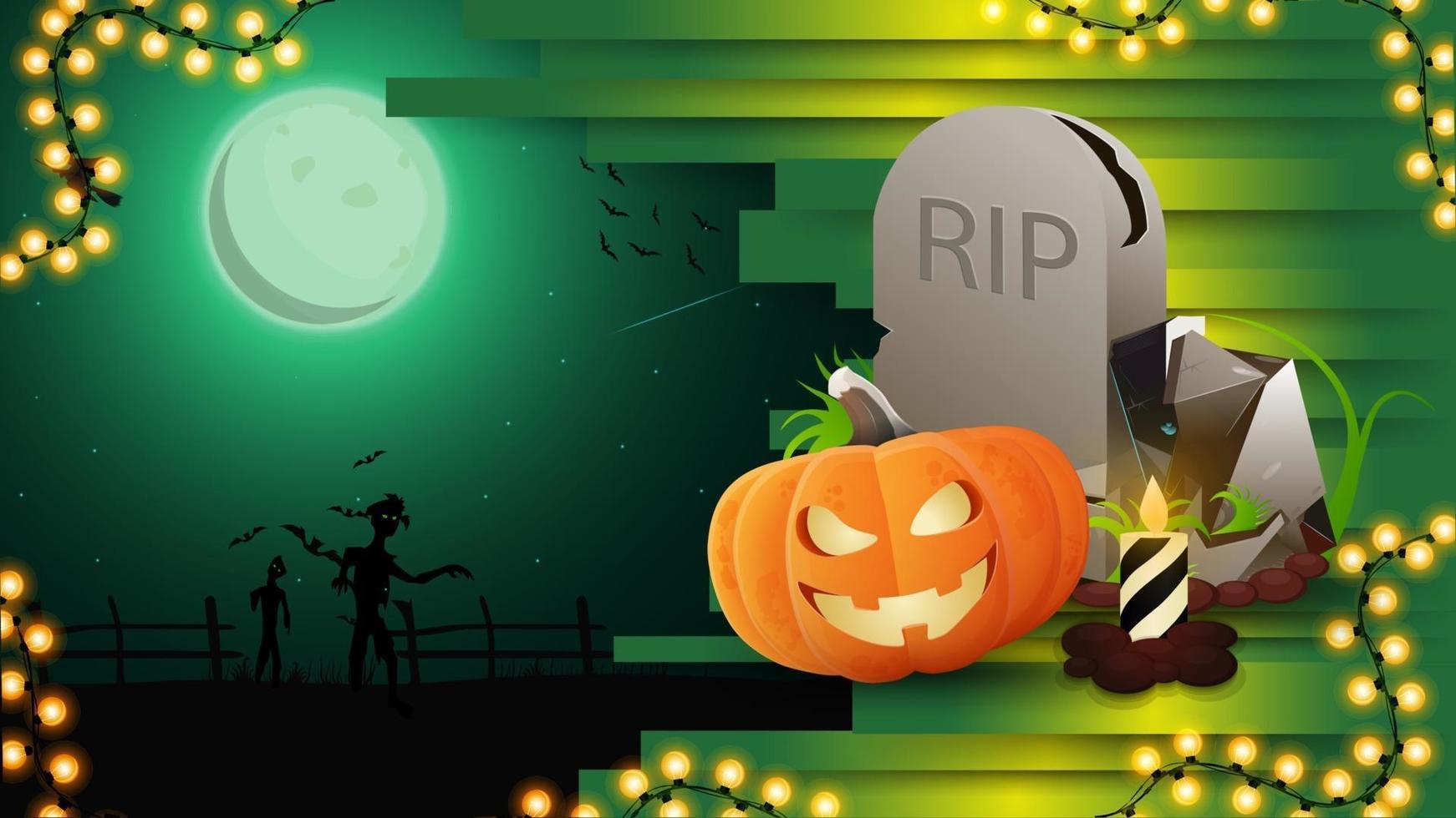 Fondo de halloween para tu creatividad con paisaje nocturno, lápida y calabaza vector