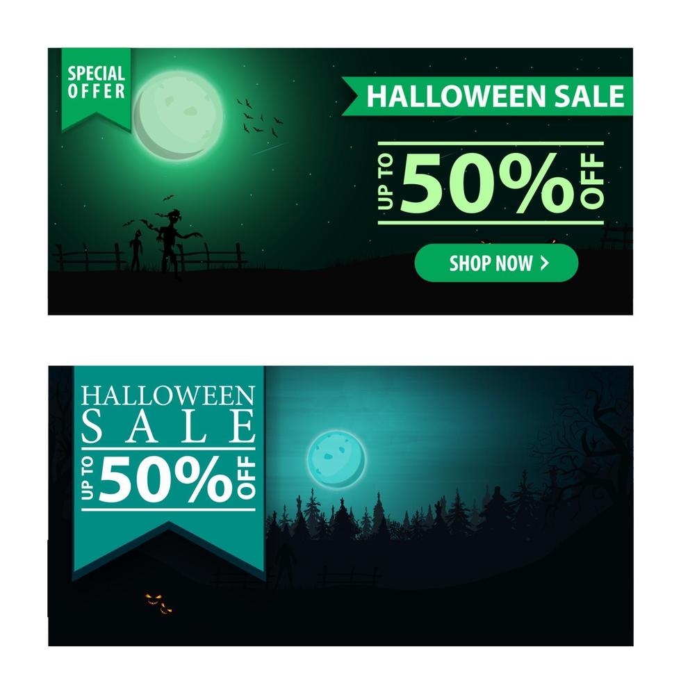 Halloween sale, two beautiful modern discount banner with night landscape on the background. Two modern discount banner with up to 50 off. vector