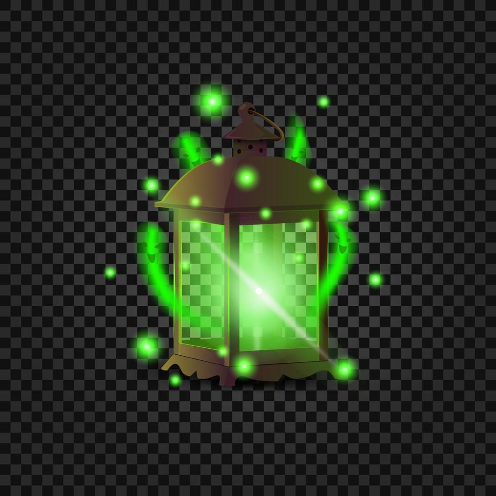 Ancient lantern with ghosts. Green lantern with little green ghosts inside. vector