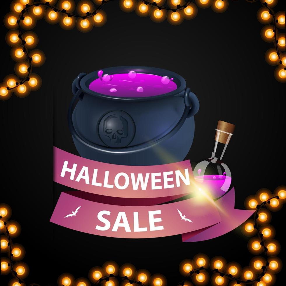 Halloween sale and discount week, discount banner with pink ribbon and witch's cauldron with potion vector