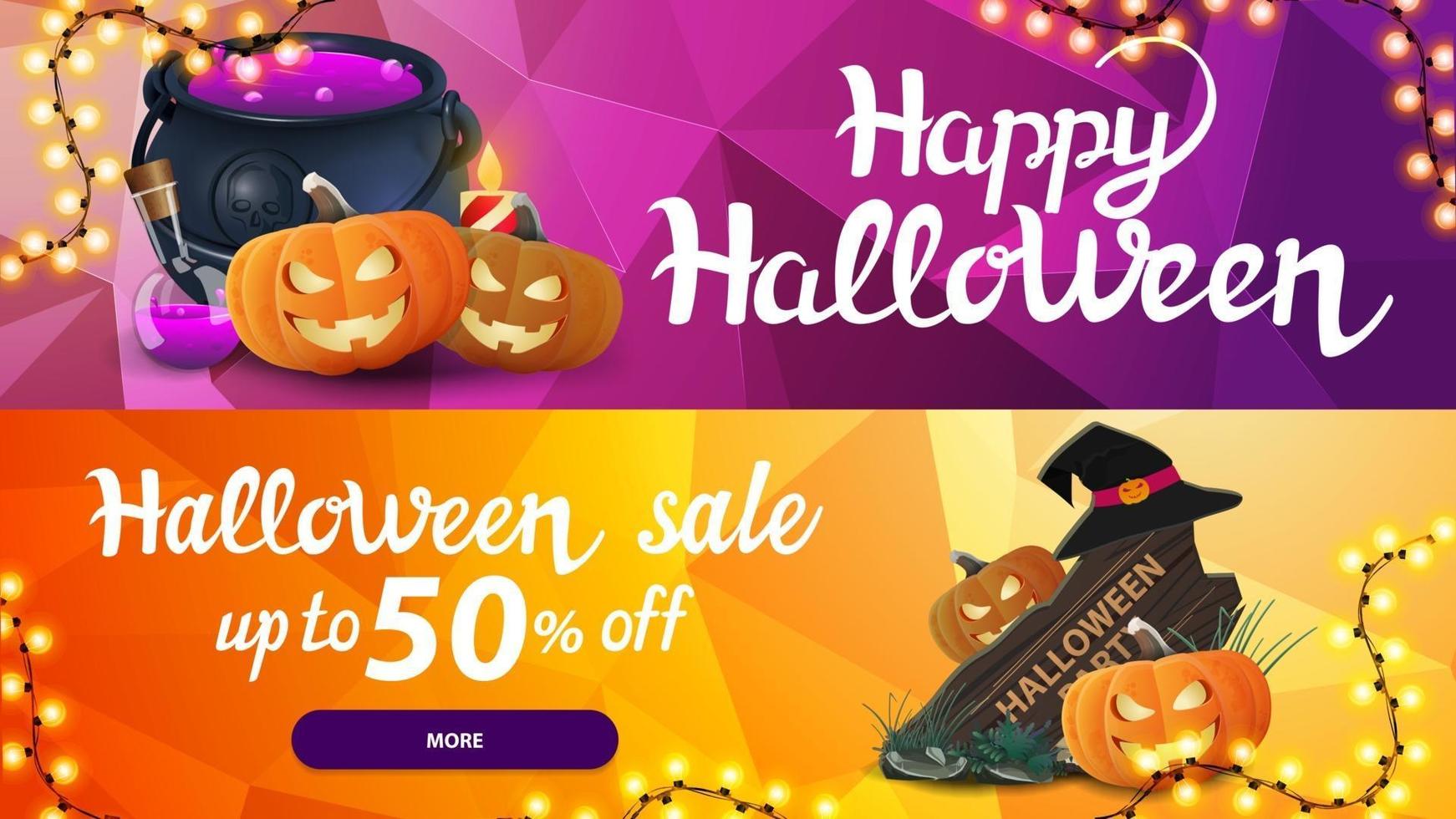Halloween sale, up to 50 off, two horizontal web banner with polygonal texture on the background. Collection of bright discount banners for your website with beautiful three-dimensional illustrations vector