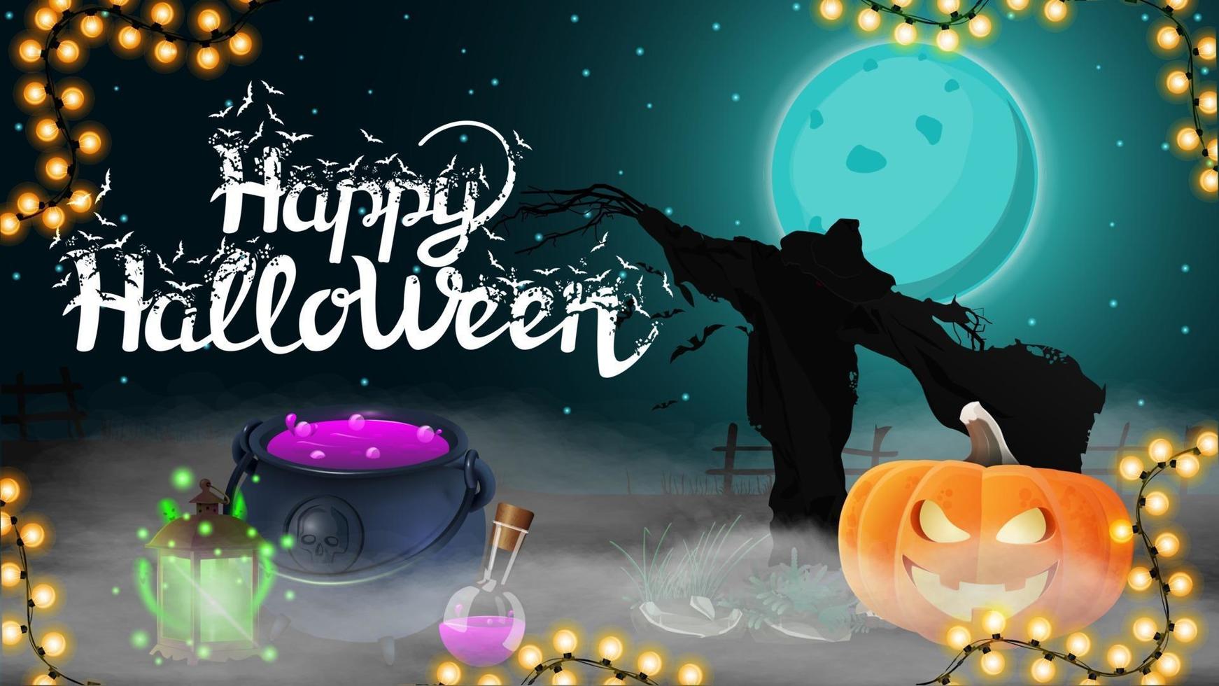 Happy Halloween, dark horizontal postcard with beautiful halloween landscape, Scarecrow and pumpkin Jack in the mist vector