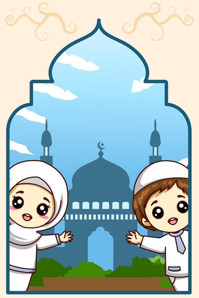 Cute muslim boy and girl celebrating mubarak cartoon illustration vector