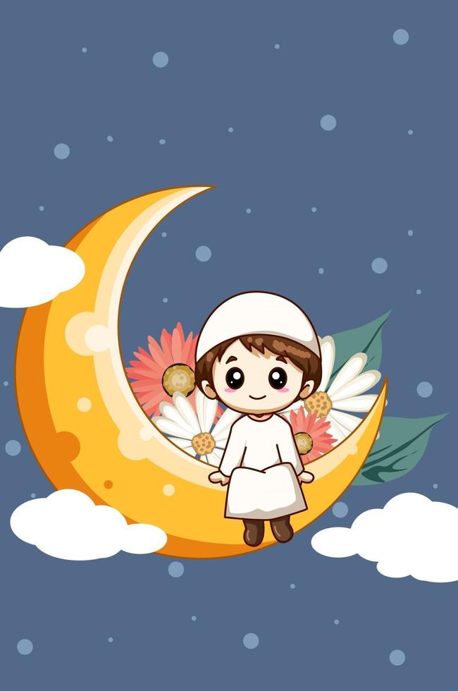 lindo niño musulmán en la luna con flor en la ilustración de dibujos animados de ramadán vector