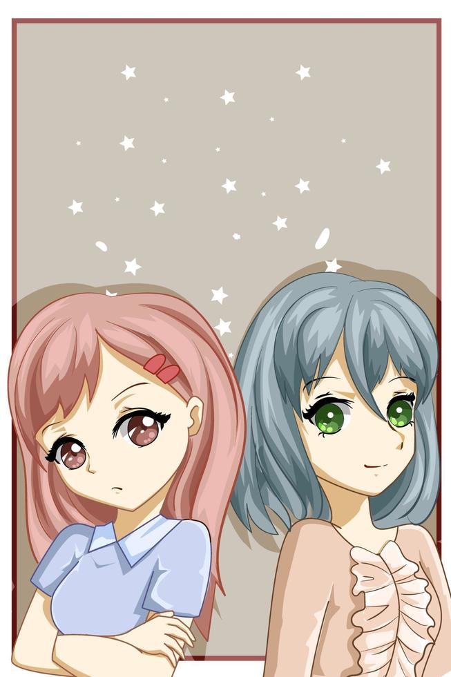 Cute and beautiful two girl with red and green hair design character cartoon illustration vector