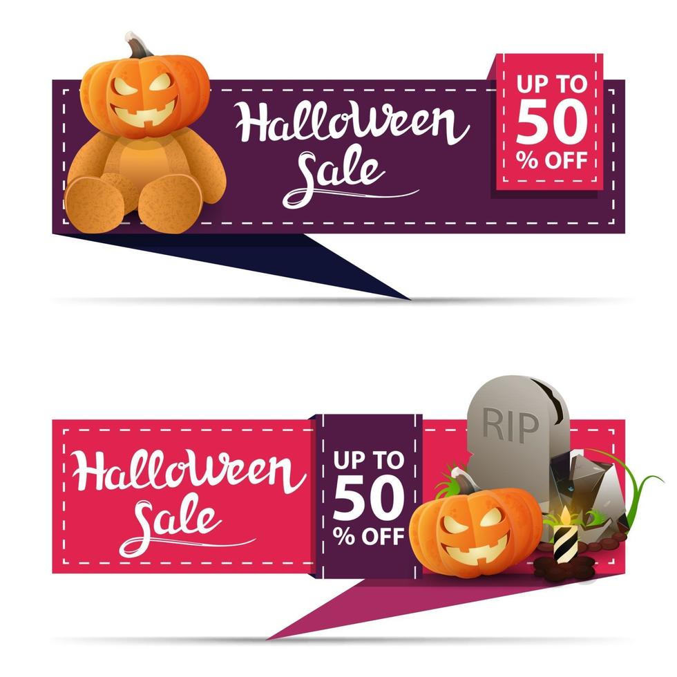 Halloween sale, two horizontal discount banners in the form of ribbon with Teddy bear with Jack pumpkin head and tombstone. Purple and pink discount banners vector