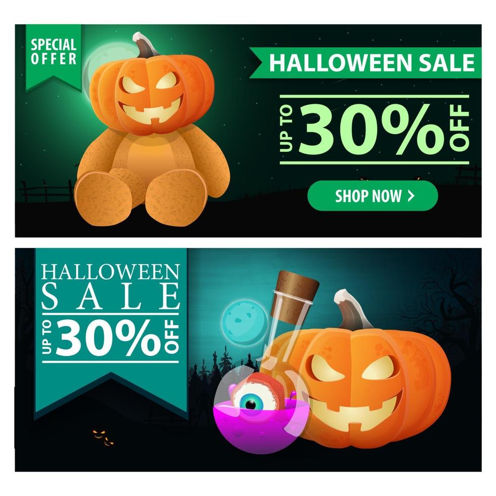Halloween sale, two modern discount banner with up to 50 off, night landscape on the background, Teddy bear with Jack pumpkin head, pumpkin Jack and witch's potion vector
