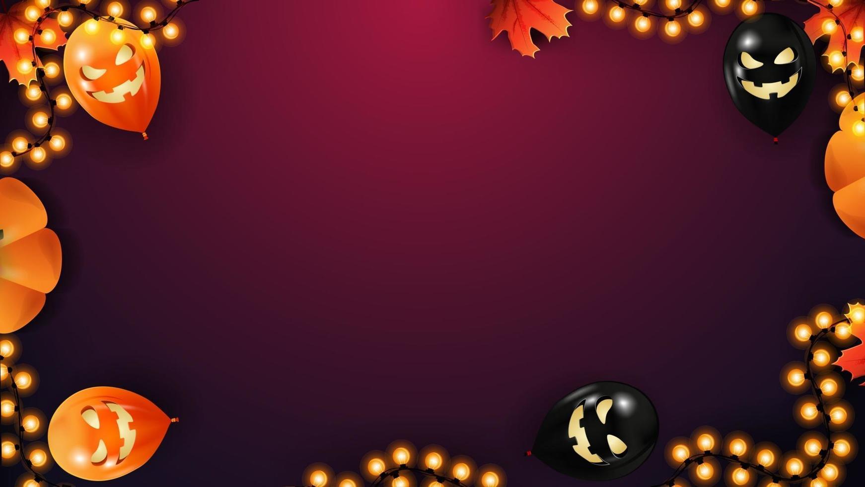 Halloween background for your creativity with space for text. Template with Halloween balloons, garland and autumn leaves on pink background. vector