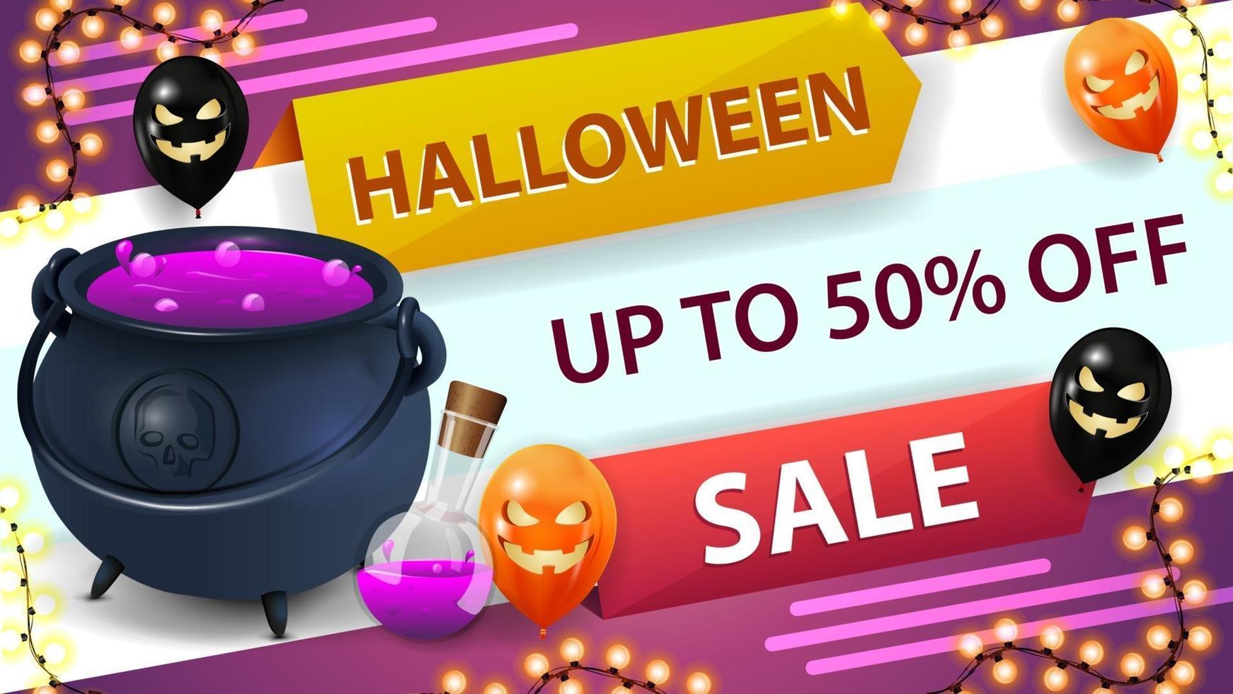 Halloween sale, horizontal discount banner with halloween balloons and garland. Discount banner with up to 50 off vector