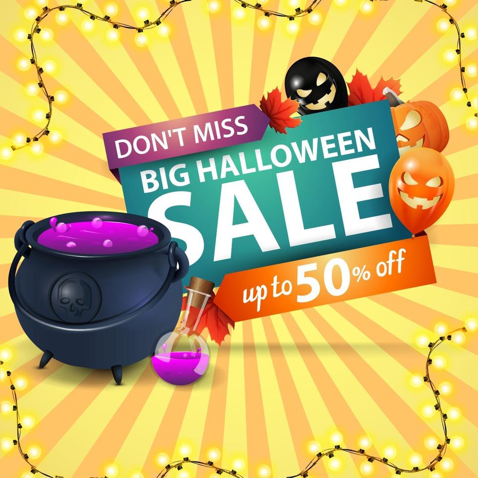 Big Halloween sale, square discount green banner with halloween balloons, garland, witch's cauldron with potion. Discount banner with up to 50 off vector