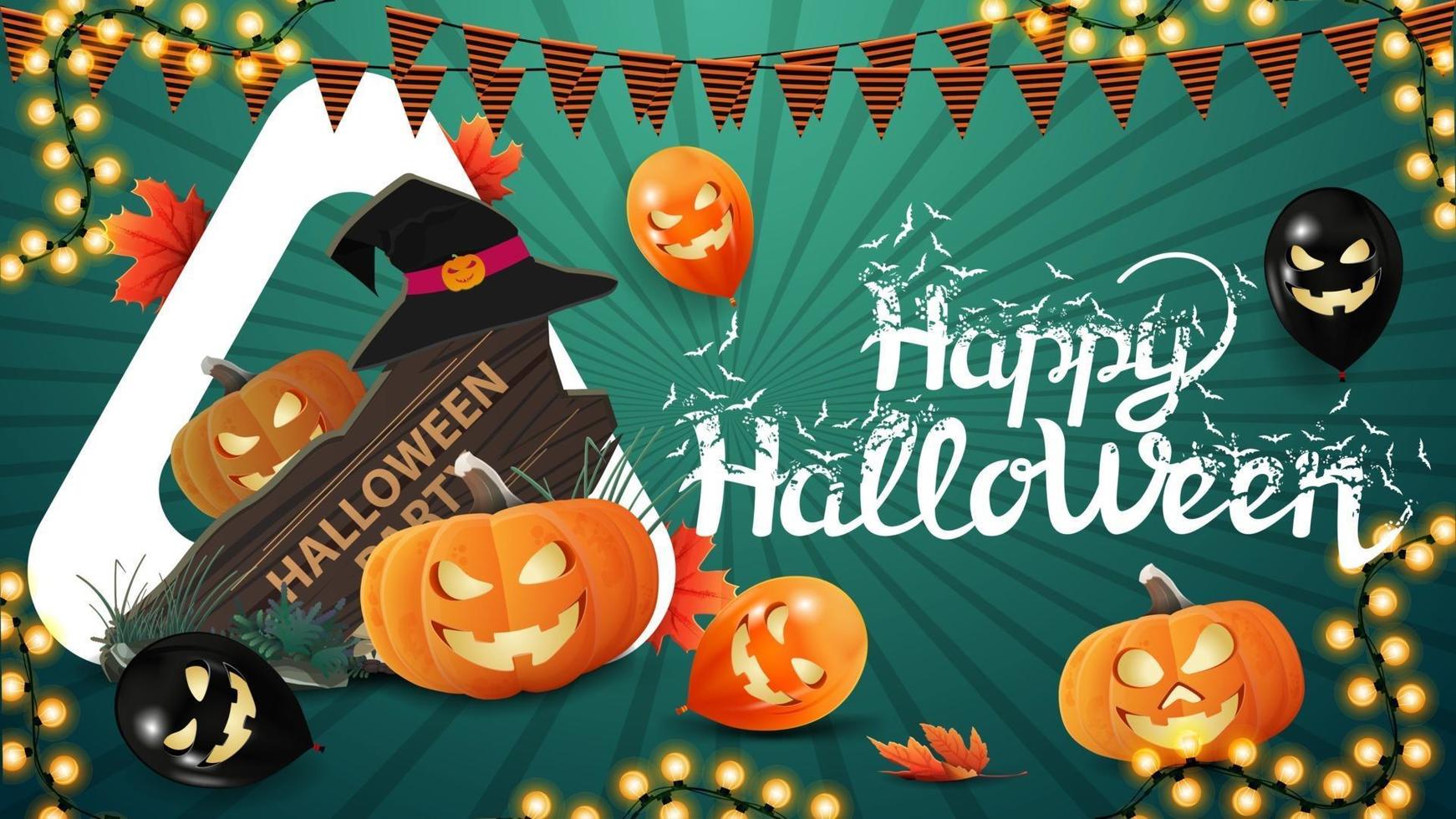 feliz halloween, postal de saludo verde horizontal con globos de halloween, calabaza, guirnalda, letrero de madera, sombrero de bruja y gato de calabaza vector