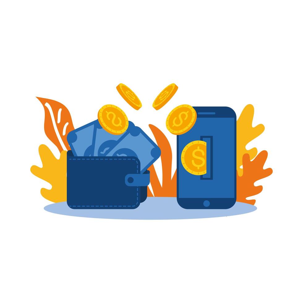 wallet with bills coins and smartphone vector design