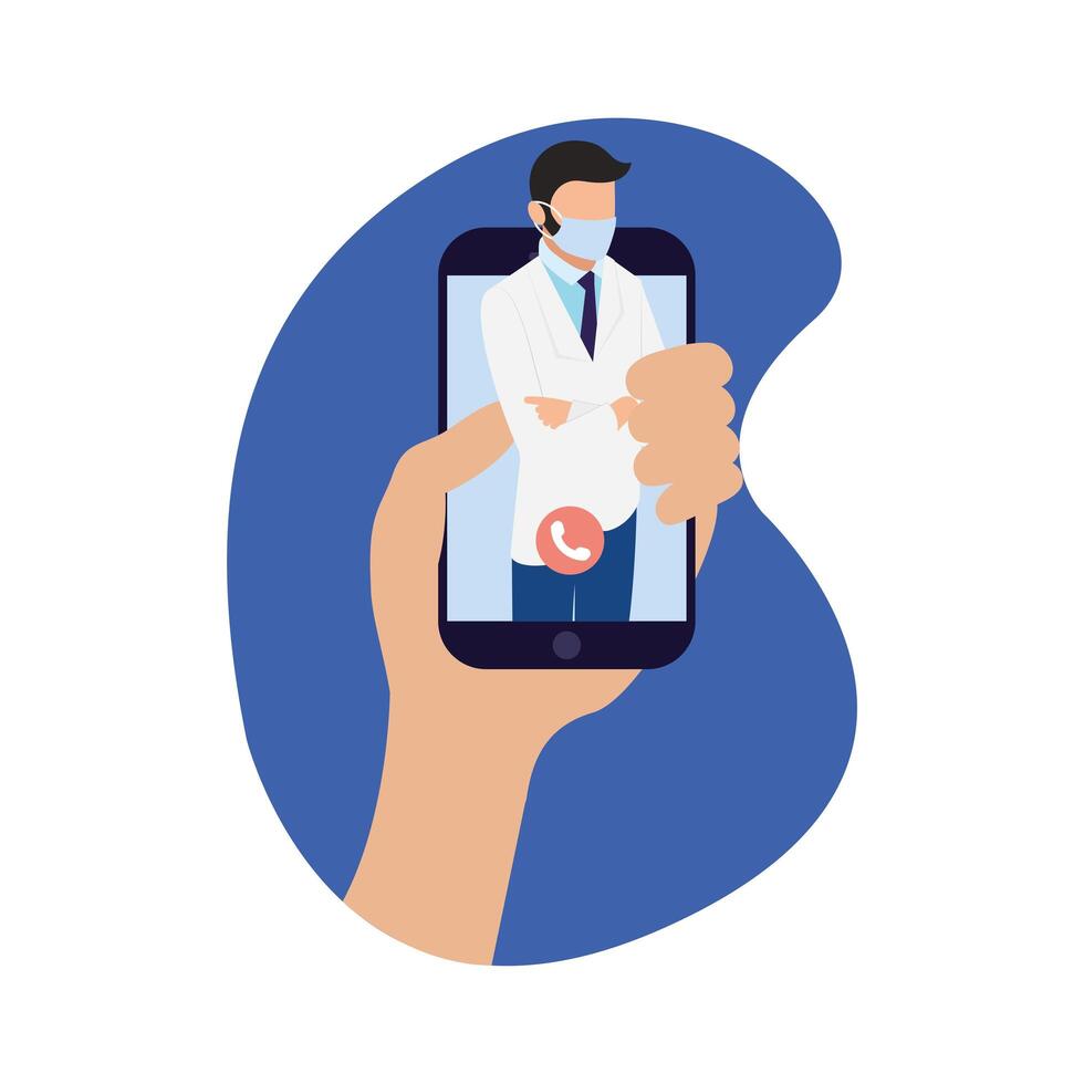 online male doctor with mask on smartphone vector design