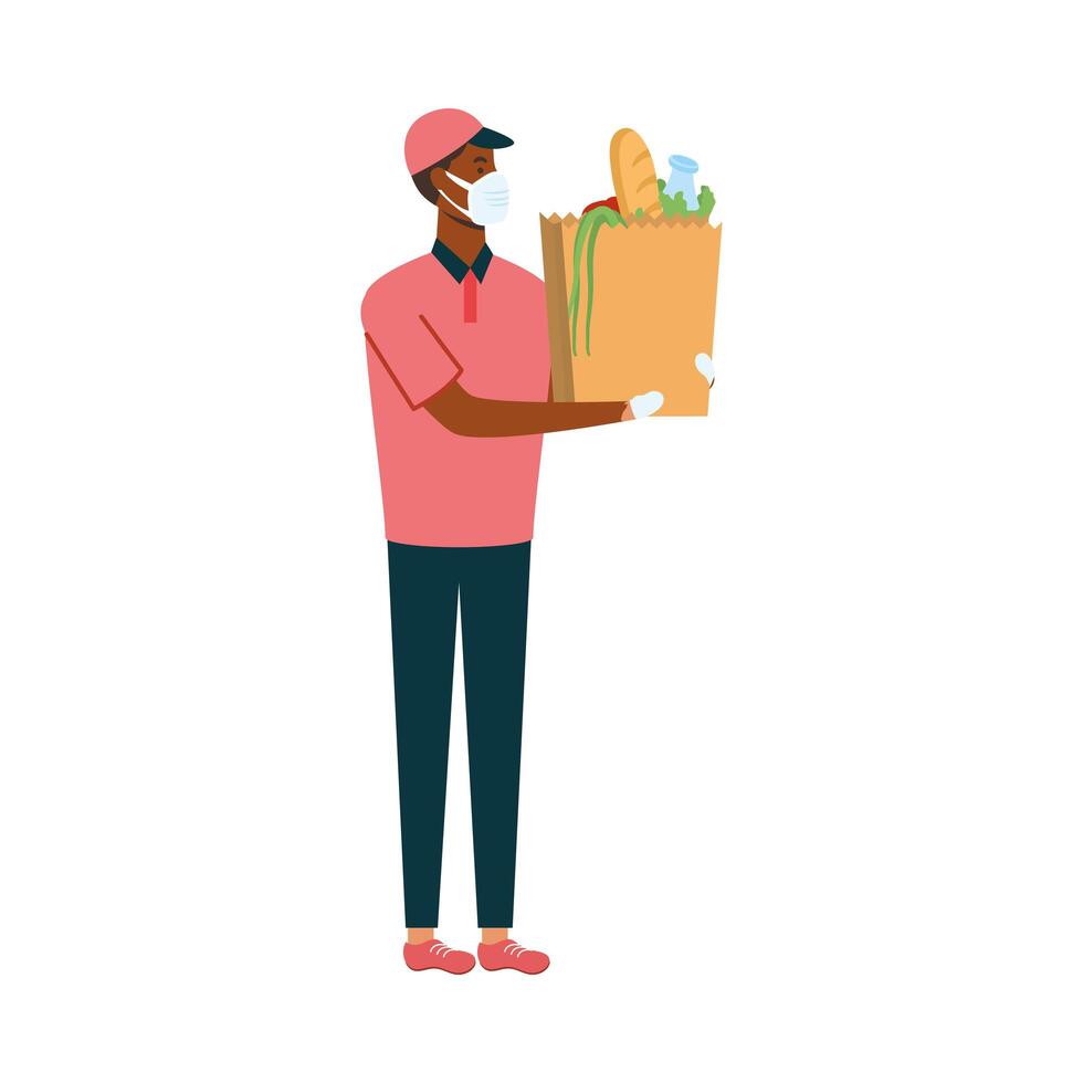 delivery man with mask and shopping bag vector design